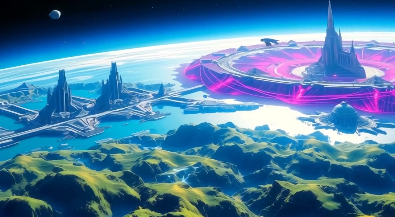 Gentle waves lap against the shores of Zeranova's vibrant green continents under a bright, clear blue sky.