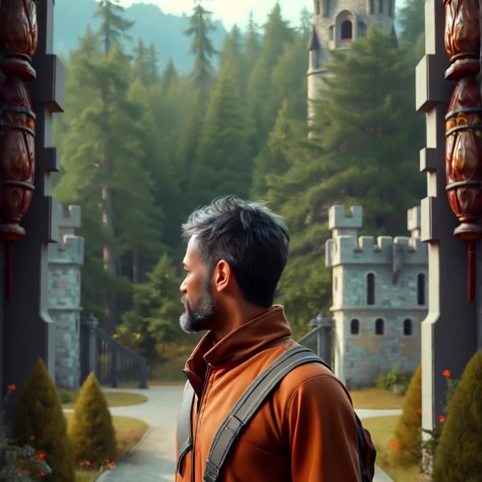 Subject: महंत त्रिकाल standing at the castle gates, observing the surrounding woods with a cautious demeanor. Subject movement: He shifts his gaze, scanning the area intently as a breeze rustles through the trees. Scene: Majestic castle gates framed by ominous woods, evoking a sense of tension and mystery. Style: Late afternoon light casting elongated shadows, highlighting the texture of the castle stones and the dense foliage. Motion: The camera slowly dolly in on त्रिकाल's face, capturing his expressions of vigilance, before pulling back to reveal the imposing gates and encroaching wilderness.