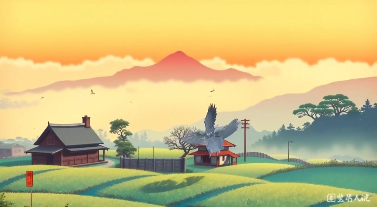 Mist gently rises over fields as dawn light slowly illuminates the quiet village and surrounding mountains.