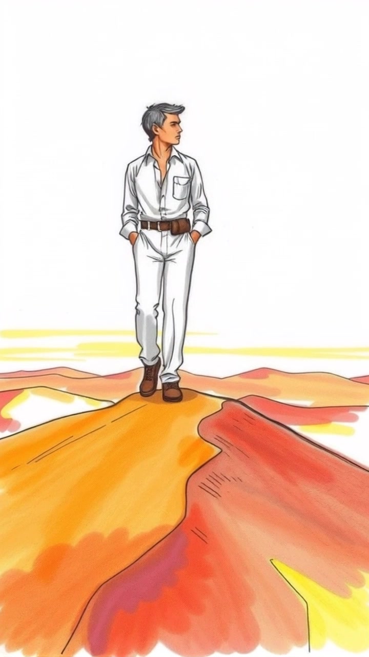 Subject: A solitary figure of Nabi Luth standing confidently on a sand dune. Subject movement: The figure gazes steadily into the distance, the wind subtly shifting the sands around their feet. Scene: A vast desert landscape under a bright blue sky, with dunes rolling endlessly into the horizon. Style: Harsh midday light creating stark shadows and highlighting the textures of the sand. Motion: The camera pushes in slowly from a distance, capturing the figure's stance against the expansive backdrop, and then pans dramatically to reveal the sweeping landscape.