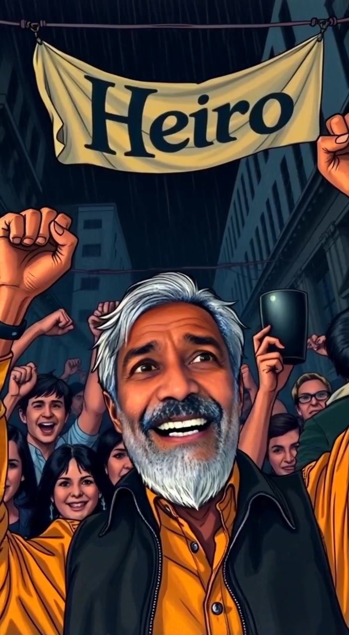 The crowd cheers in celebration, fists raised, while the banner sways gently overhead in the soft breeze.