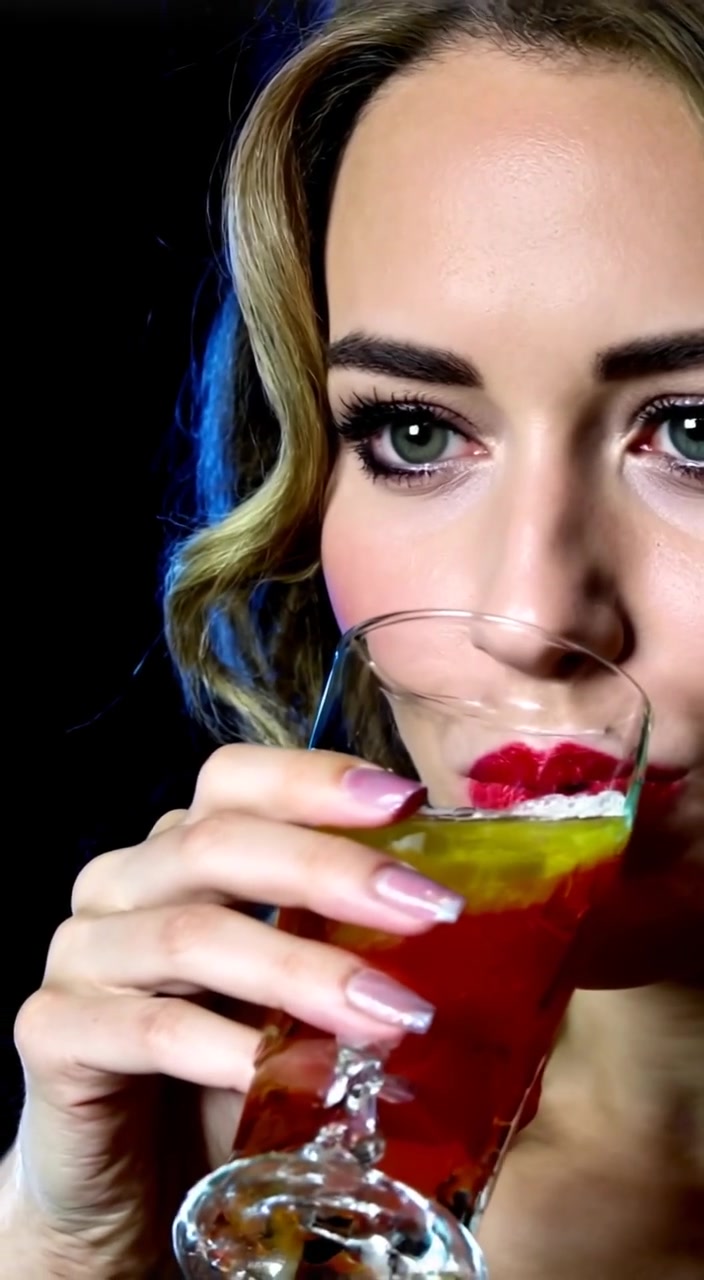 The woman sips her drink, her red lips glimmering as she smiles, with soft ambient lighting around her.