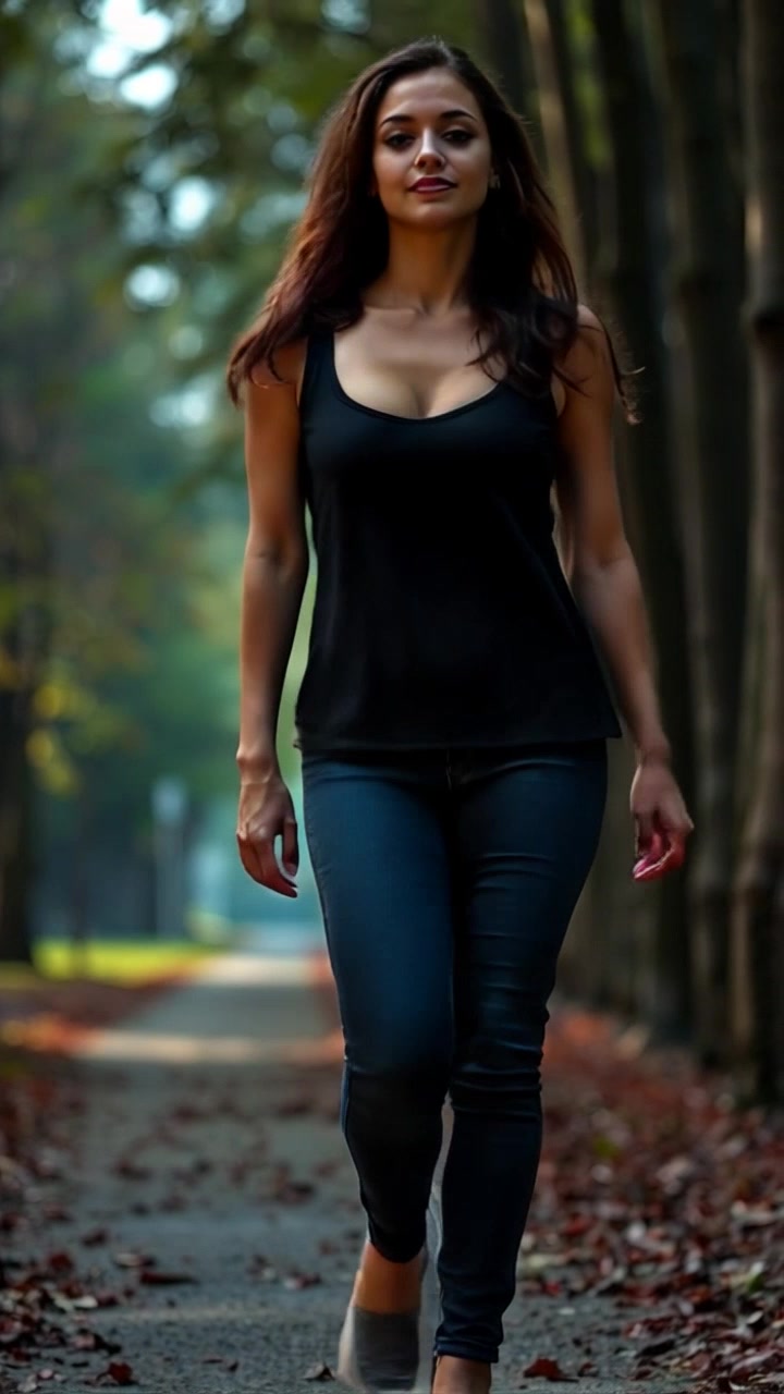 Subject: A confident woman walking along a scenic path lined with trees. Subject movement: She strides forward with determination, her gaze focused ahead. Scene: A tranquil wooded pathway framed by lush green trees, dappled sunlight filtering through the leaves. Style: Morning light creating a fresh, vibrant atmosphere, enhancing the colors of the natural surroundings. Motion: The camera follows her movement with a smooth tracking shot, capturing the serene beauty of the path as she walks.