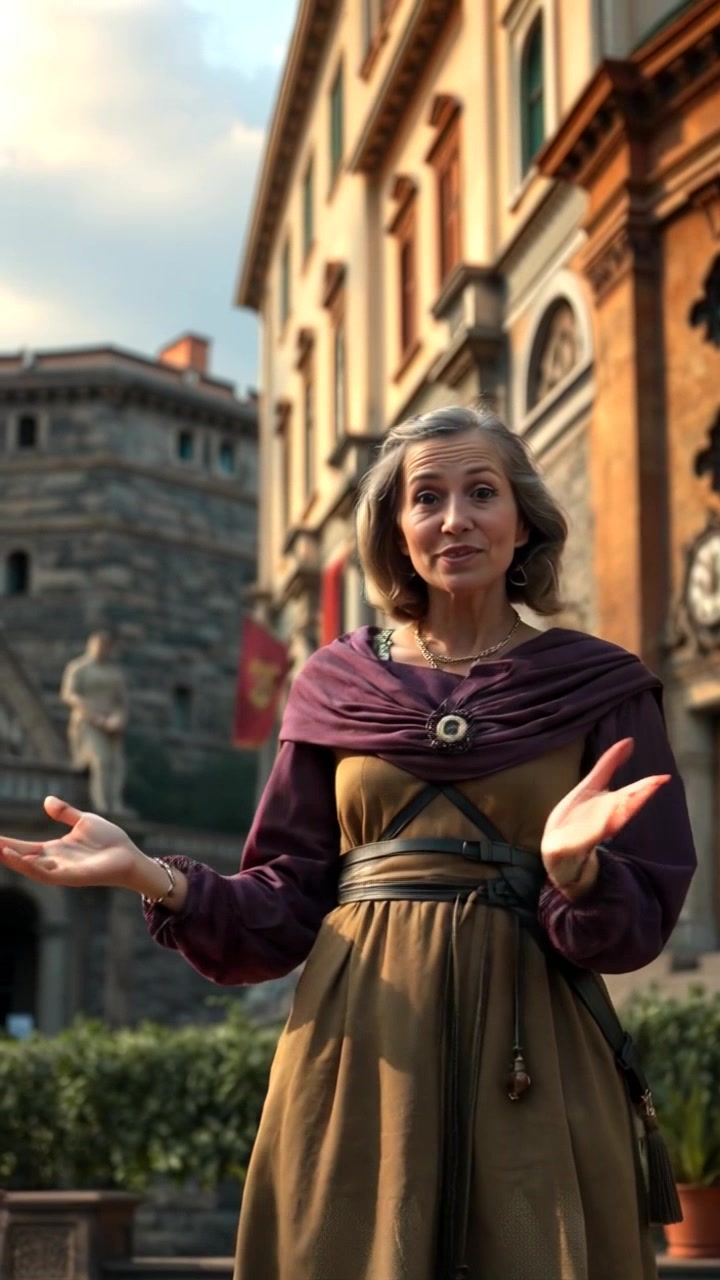 Subject: A woman gesturing excitedly in front of a historic building in Rome. Subject movement: She moves her arms animatedly as she highlights the stunning architecture. Scene: The backdrop features the grandeur of a historic Roman structure, with cobblestone streets and a vibrant city atmosphere. Style: Evening light casting a warm glow, enhancing the rich texture of the building. Motion: Camera performs a smooth push-in towards Giuliana, capturing her enthusiasm and the intricate details of the building behind her.