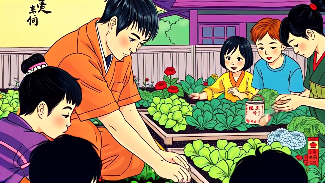 Subject: A monk assisting children in a community garden, planting vegetables together. Subject movement: The monk gently kneels as he guides a child in placing seeds in the soil, while the others eagerly dig with small shovels. Scene: A vibrant community garden filled with lush green plants, colorful flower beds, and sun-soaked earth. Style: Warm morning light illuminating the scene, creating an inviting and cheerful atmosphere. Motion: The camera slowly pans across the garden, capturing the joyful interactions between the monk and the children, highlighting their expressions as they share knowledge and laughter.