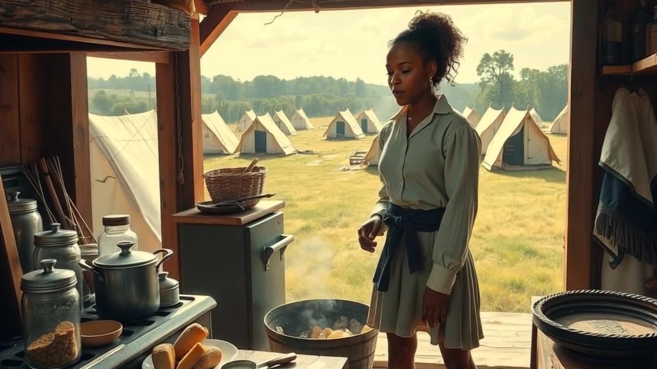 Harriet Tubman in a rustic kitchen, stirring a pot on the stove with ingredients spread across the counter.