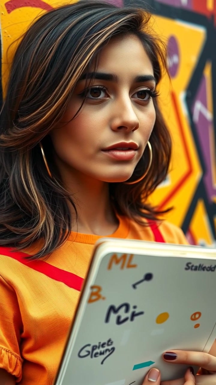 Subject: Artah, a creative individual holding a sketchbook, exuding a thoughtful expression. Build: Slender, Hairstyle: Updo, Clothing: Casual chic attire, Facial features: Delicate, Body posture: Engaged. Subject Movement: Still. Scene: Modern, minimalist studio flooded with soft natural light and artistic decor. Camera Language: Slow zoom in on Artah's face, focusing intently on her expression. Lighting: Soft, natural light filtering through large windows. Atmosphere: Reflective and introspective.