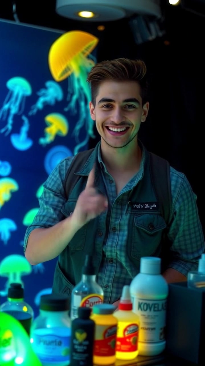 Subject: A person smiling in a casual outfit. Subject movement: The individual gestures enthusiastically towards the table of products, inviting the audience to take a closer look. Scene: A bright, modern display area filled with a variety of products arranged neatly on a table. Style: Ambient lighting that enhances the vibrant colors of the products, creating an inviting atmosphere. Motion: The camera performs a smooth push-in towards the table while slightly rotating to capture the person's engaging expressions and the colorful array of items.