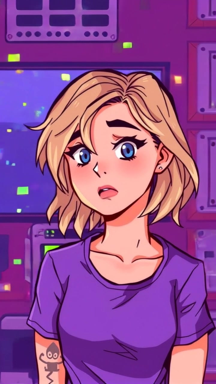 Subject: A young girl named Lulu looking concerned, her wide eyes darting around the room filled with vibrant pixels. Subject movement: Lulu shifts nervously from side to side, scanning her surroundings intensely. Scene: An imaginative digital room, walls alive with swirling pixelated patterns and colors. Style: Bright, multi-colored lighting illuminating the space with a surreal atmosphere. Motion: The camera employs a handheld tracking shot, circling around Lulu as she glances left and right, creating a sense of urgency and unease.