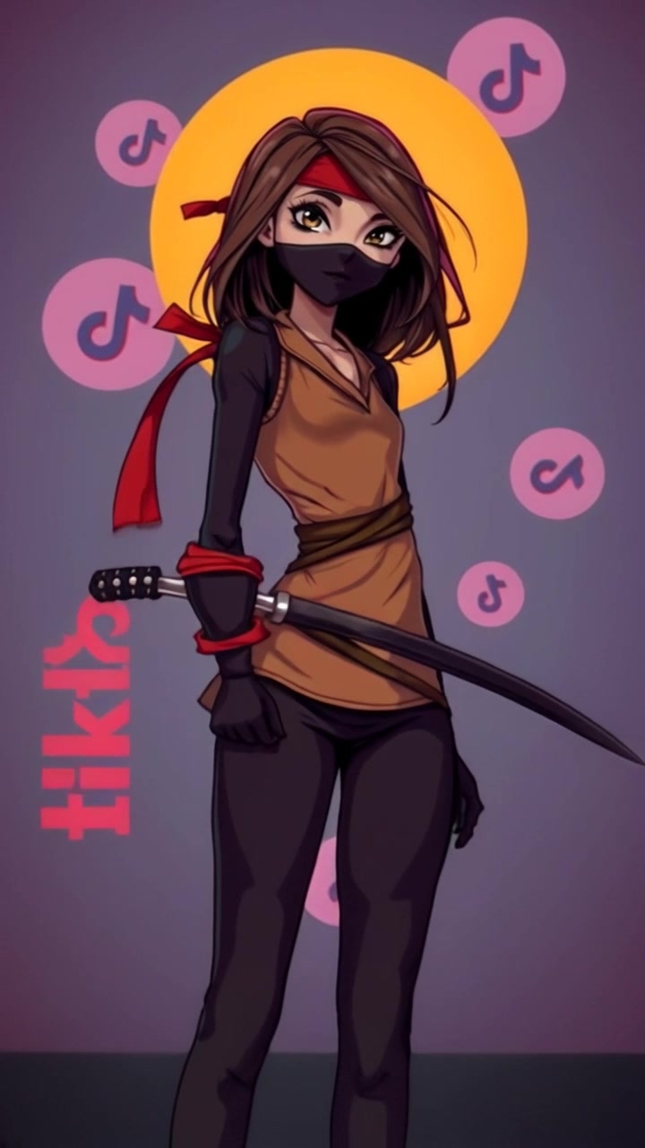 A female ninja in a black outfit stands confidently in a virtual space with TikTok logos in the background.