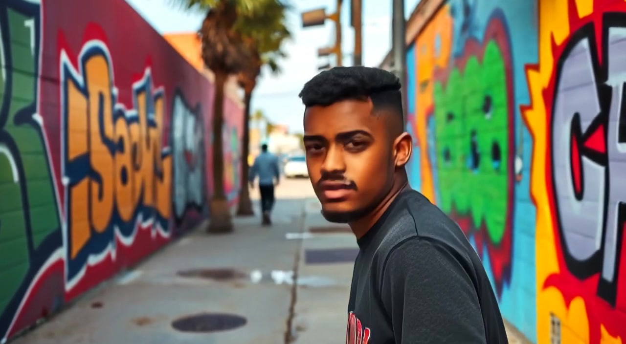 A young boy strolls slowly along a graffiti-covered sidewalk in a vibrant city street.
