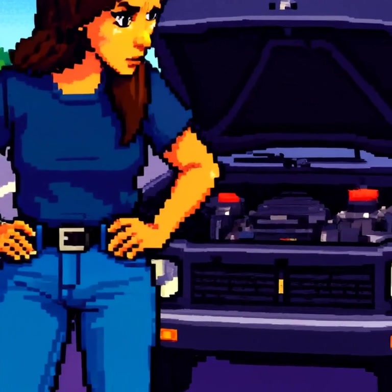 The woman leans closer, peering into the engine with a puzzled look as sunlight glints off the metal.