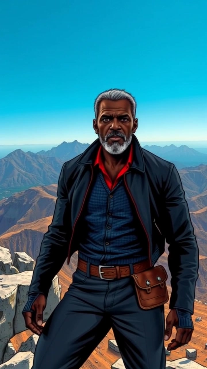 Subject: A person standing confidently at the top of a mountain. Subject movement: The person takes a deep breath, raising their arms in triumph against the expansive blue sky. Scene: Majestic mountain peak with an endless sky backdrop, conveying a sense of achievement and freedom. Style: Bright daylight illuminating the landscape, enhancing the vibrant blue of the sky and the earthy tones of the mountain. Motion: Camera starts with a wide shot capturing the mountain and the sky, then slowly zooms in on the person as they celebrate their accomplishment.