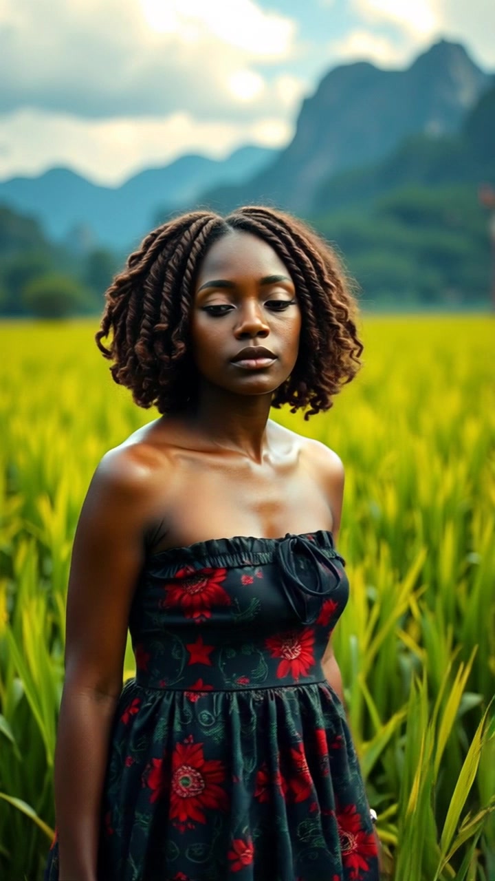 Numi, with long flowing hair and wearing a traditional dress, gracefully spins in a lush green rice field with mountains in the background. Slowly push the camera in towards her to focus on her serene expression. Use natural sunlight filtering through the clouds for a dreamy atmosphere.