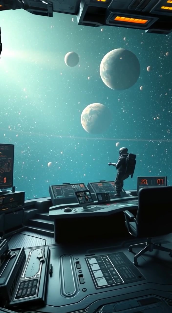 A vast expanse of space filled with stars and planets, an astronaut floating nearby.