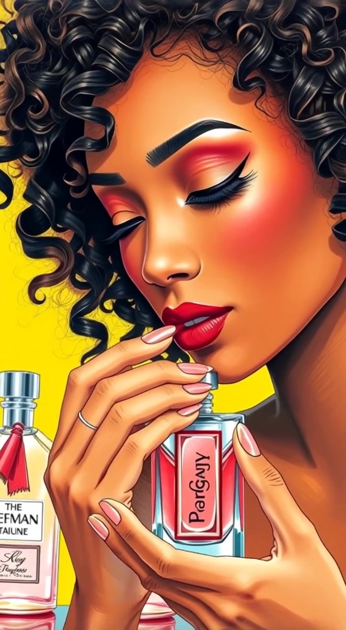 The woman gently sprays perfume onto her wrist, colorful bottles glimmering softly in the blurred background.