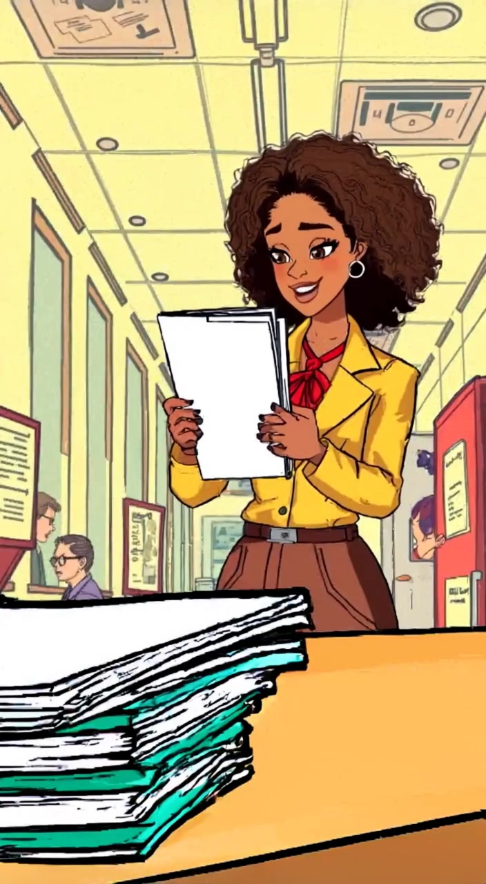 The woman confidently flips through a stack of paperwork in a bustling office.