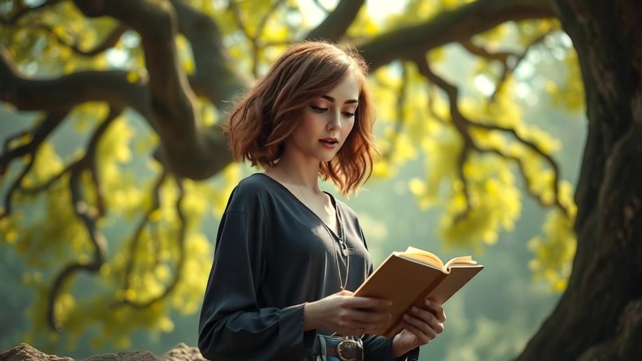 Subject: A thoughtful narrator standing under a large tree. Subject movement: The narrator gently flips through the pages of a notebook while occasionally glancing up, letting the breeze rustle the leaves around her. Scene: A serene outdoor setting with dappled sunlight filtering through the branches, casting shifting patterns on the ground. Motion: The camera slowly pushes in toward the narrator, capturing the contemplative expression on her face as the atmosphere fills with a warm, inviting glow.