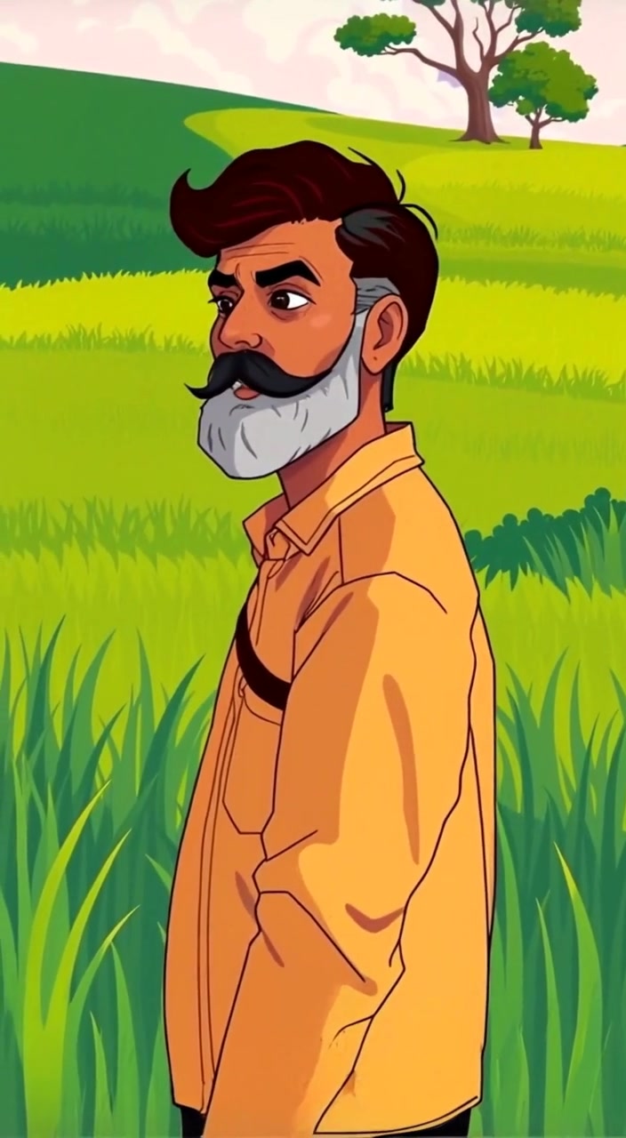The man gazes thoughtfully at the horizon, gentle breeze swaying the tall grass around him.