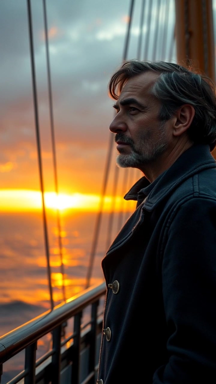 Subject: Vasco da Gama in a navy blue explorer's coat. Subject movement: He stands still on the deck of the ship, gazing intently toward the horizon. Scene: The ship's deck is set against a breathtaking sunset, with the vibrant hues of orange and pink reflecting off the waves. Style: Warm, dramatic light envelops the scene, enhancing the sense of adventure. Motion: The camera slowly pushes in on Vasco, capturing the determination in his expression as the ship gently sways with the rhythm of the sea.