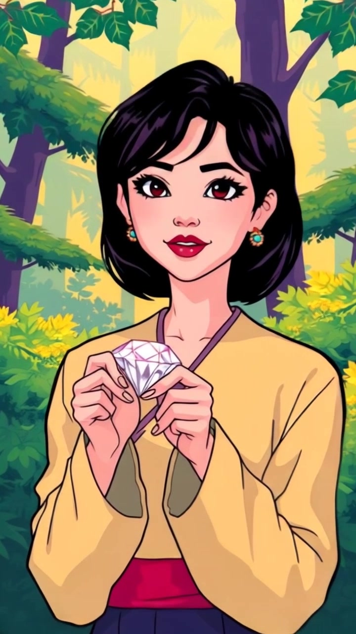 Subject: Lulu holding a sparkling diamond. Subject movement: She gleefully admires the diamond, moving her hand slightly to catch the light. Scene: Lush green forest, dappled sunlight filtering through the tree canopy, creating a vibrant and enchanted atmosphere. Style: Soft, warm lighting enhancing the richness of the greens and the brilliance of the diamond. Motion: Camera smoothly pushes in to capture the detail of the diamond as it glimmers in the sunlight, then pulls back to reveal Lulu's joyful expression against the stunning forest backdrop.
