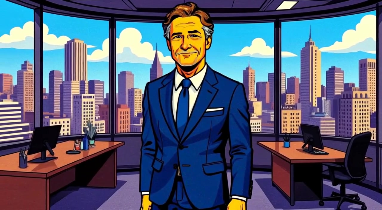 The man gazes out the window, observing the bustling city skyline below.