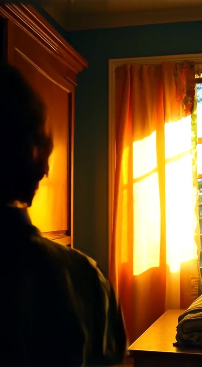Sunlight gently filters through the window, illuminating the clothes swaying slightly inside the partially opened wardrobe.