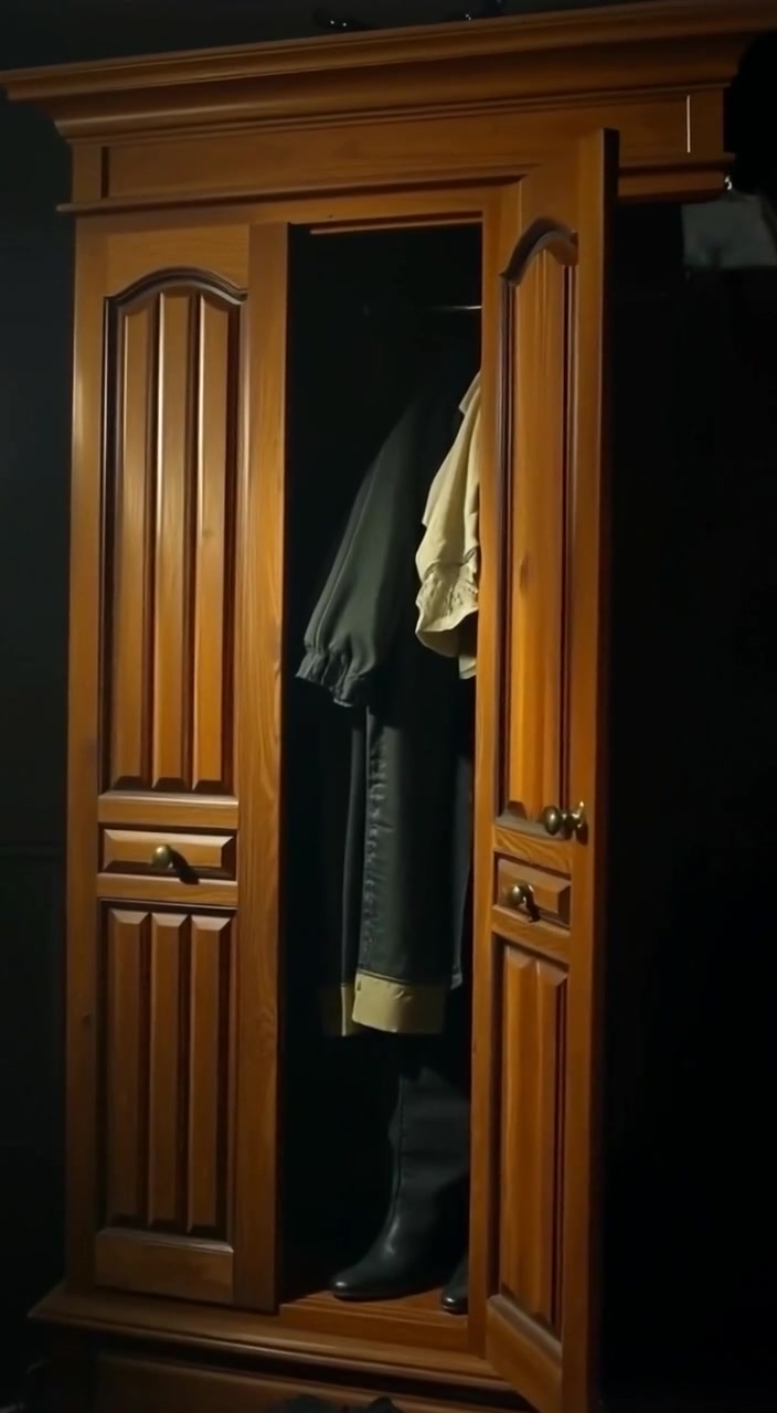 The wardrobe doors gently sway open, revealing colorful clothes softly shifting inside as a breeze passes.