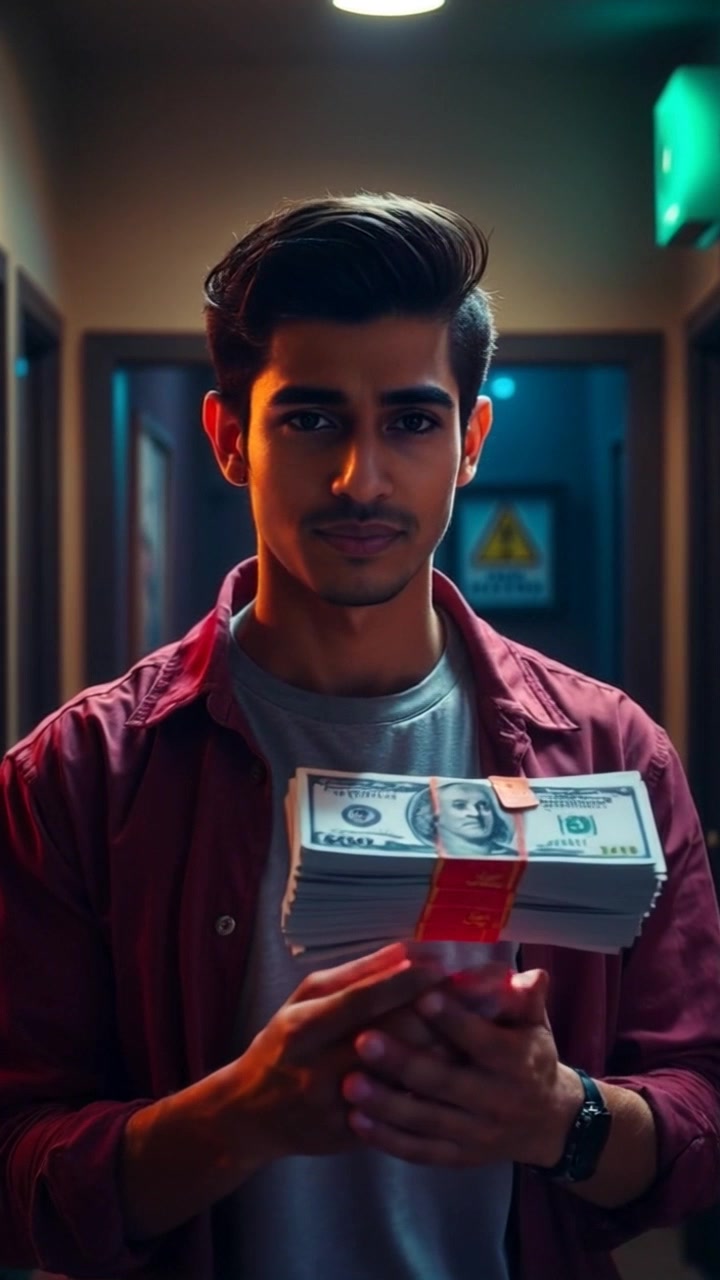 Subject: A person with an eager expression holding a stack of cash. Subject movement: The person shifts their weight slightly, excitement radiating from their posture. Scene: A dimly lit room filled with shadows and subtle textures on the walls. Lighting: Low-light atmosphere with a focused spotlight on the cash, creating dramatic contrasts. Motion: Camera slowly pushes in on the person, capturing the intensity of their expression and the crisp details of the cash in their hand.