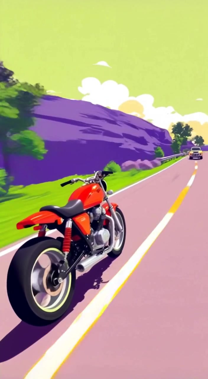 A motorcycle glides smoothly through a sunlit forest path, leaves rustling gently from the wind.