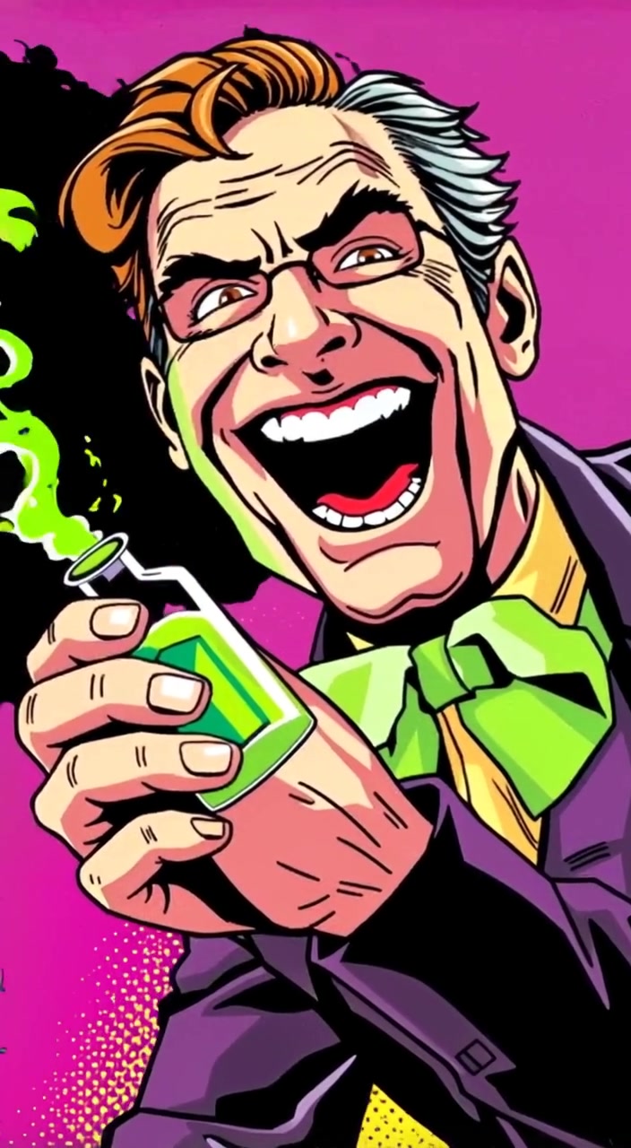 The figure raises the green potion, laughter echoing as shadows dance around in the dimly lit room.