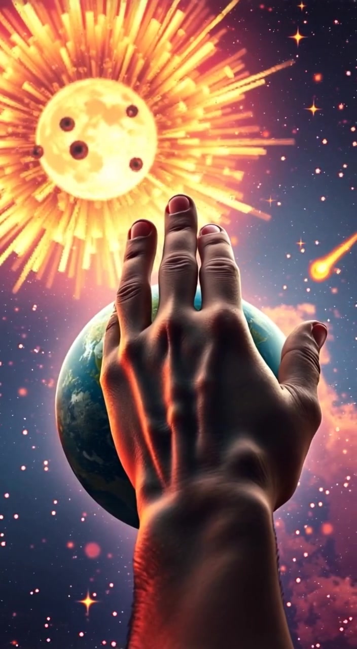 A human hand gently touches the Earth, with a shimmering cosmic background unfolding in the distance.