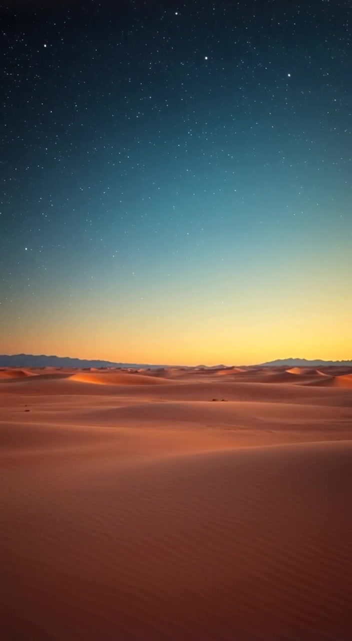 A gentle breeze moves the sand dunes as shooting stars streak across the vast desert sky.