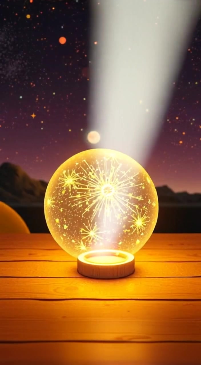 A gentle beam of light slowly shifts across the glowing orb on the wooden table.