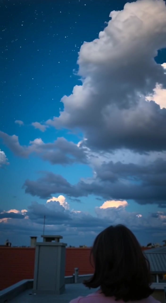 Fluffy clouds gently drift across a vast blue sky, revealing twinkling stars peeking through in the evening light.
