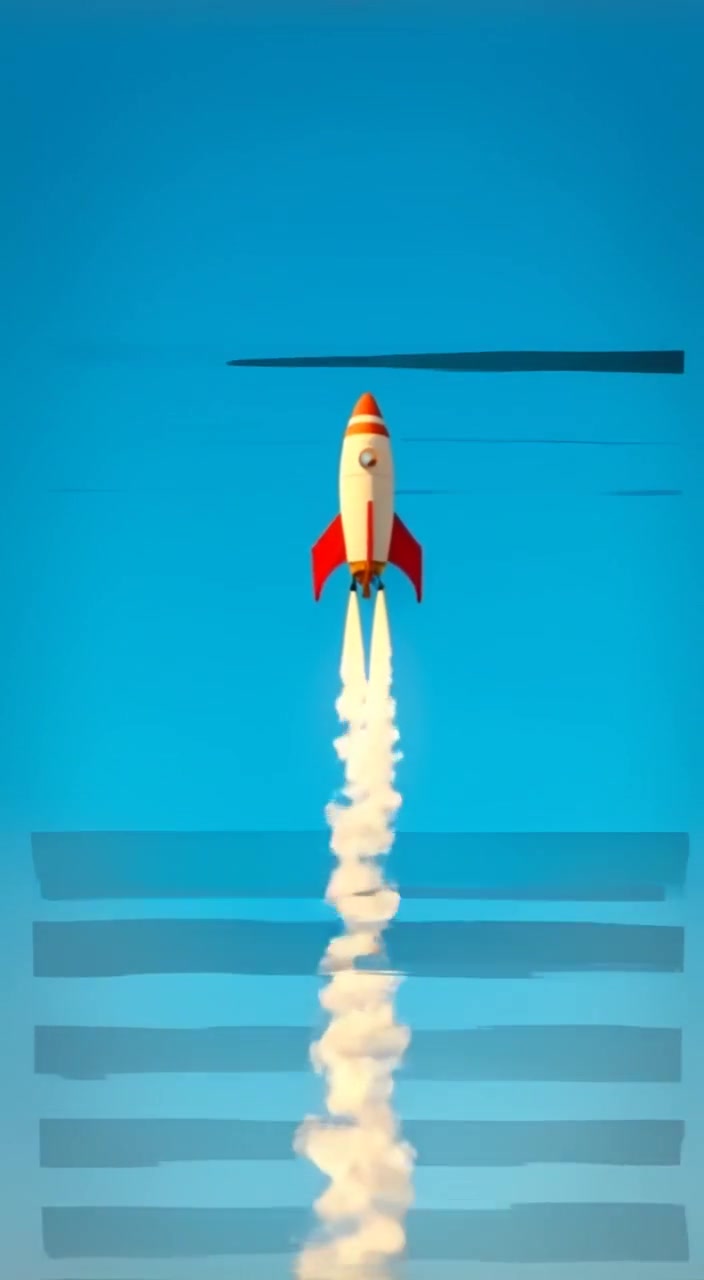The spaceship ascends gracefully into the clear blue sky, trailing wisps of smoke behind it.