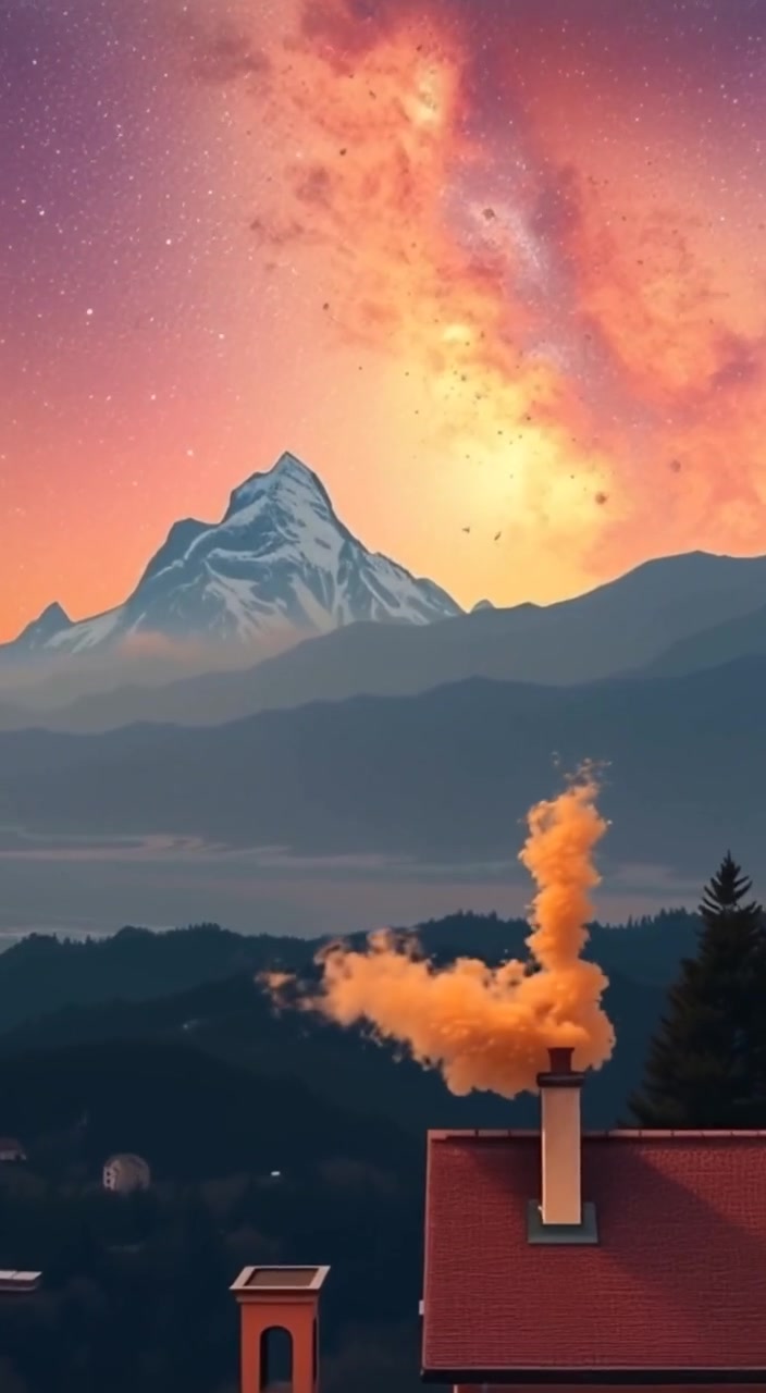 Dust gently settles on a rooftop as sunlight illuminates the majestic mountain range in the background.