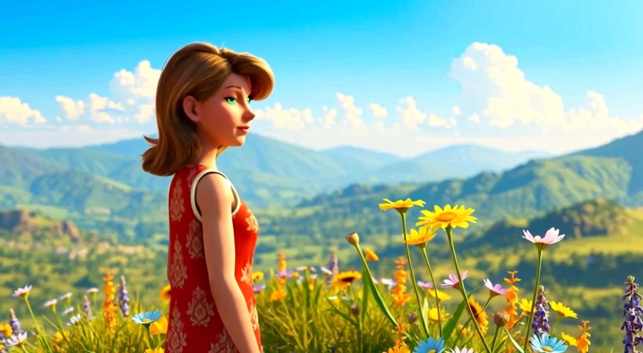 The narrator gazes thoughtfully across a valley filled with colorful wildflowers swaying gently under a clear blue sky.