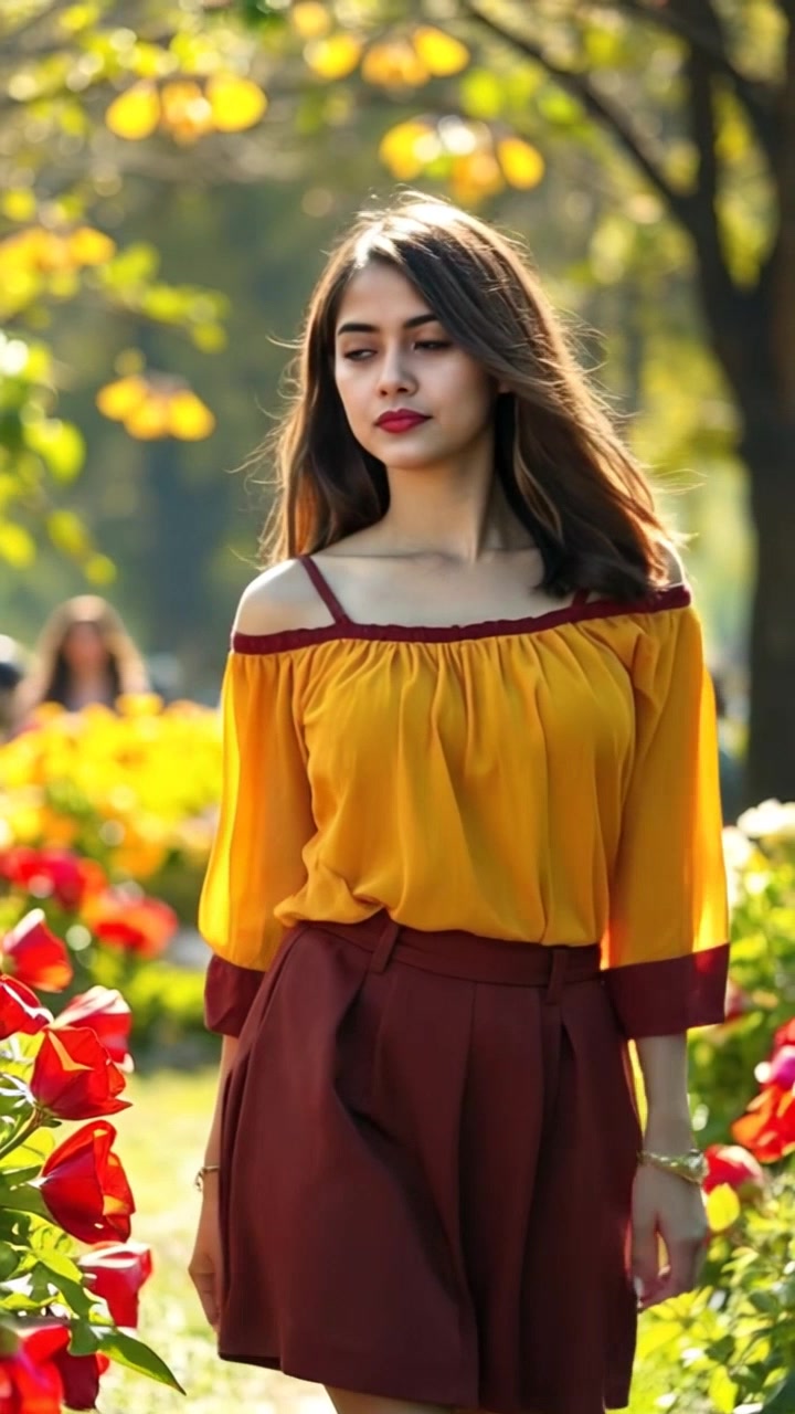 Subject (Build, Hairstyle and color, Clothing and accessories, Facial features, Body posture) + Subject movement (Walking confidently) + Scene (Sunlit park filled with blooming flowers) + Camera Language (Slow tracking shot, Zoom in) + Lighting (Golden hour sunlight) + Atmosphere (Serene and peaceful)