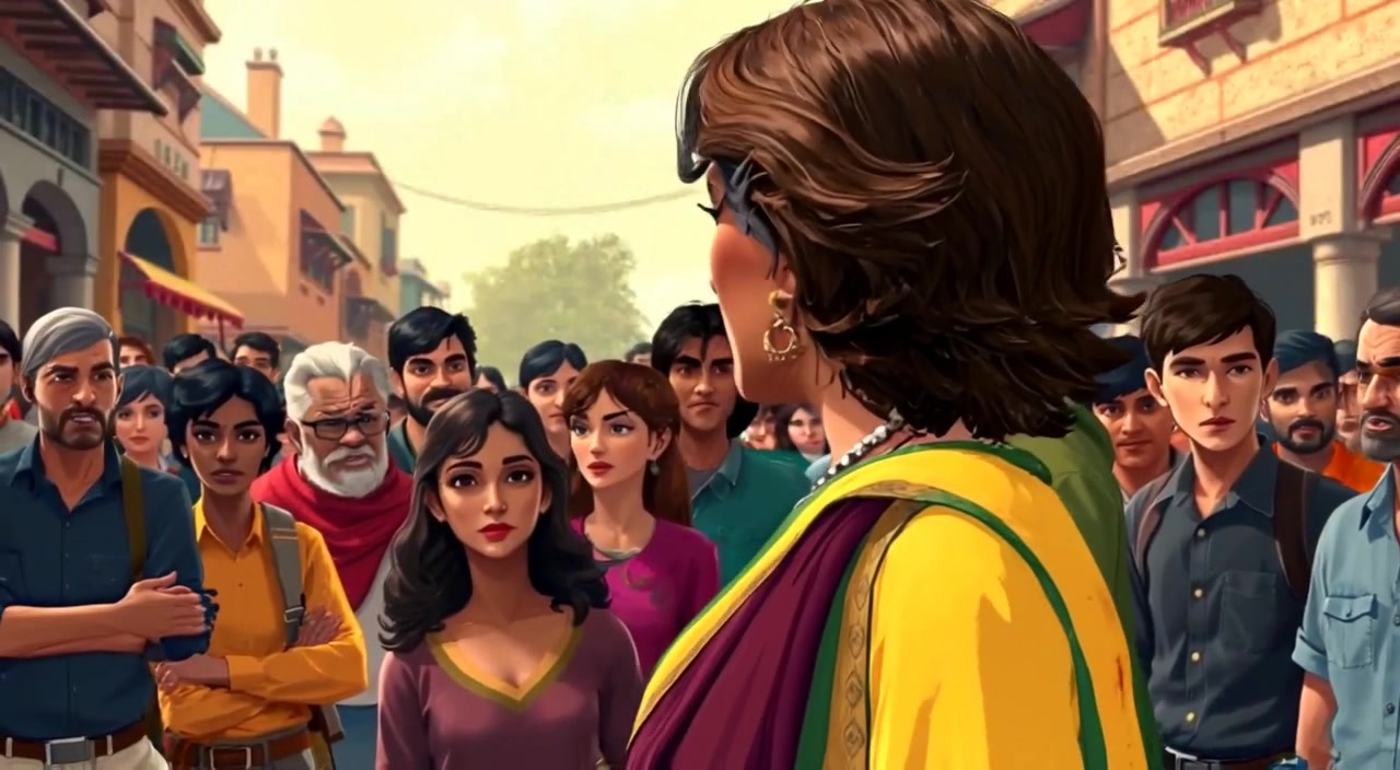The crowd shifts subtly, some crossing their arms while others glance away dismissively in the town square.
