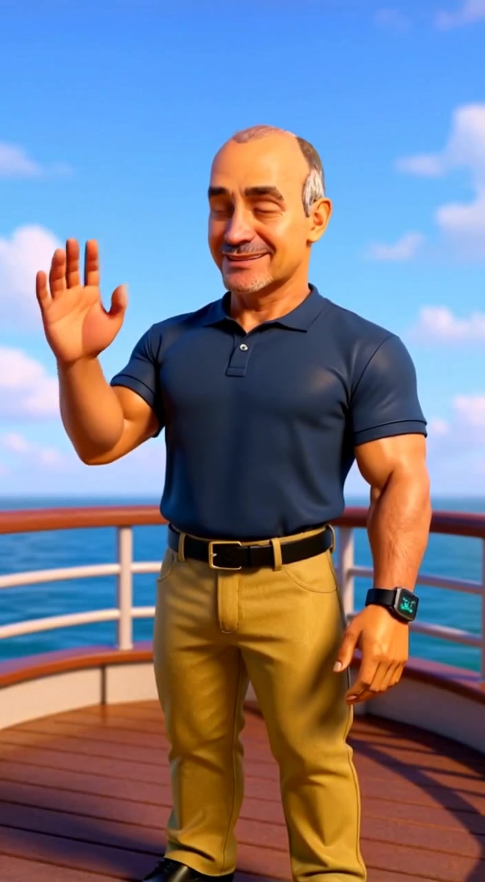 The man gently waves and smiles, colorful lights gently flickering in the background.