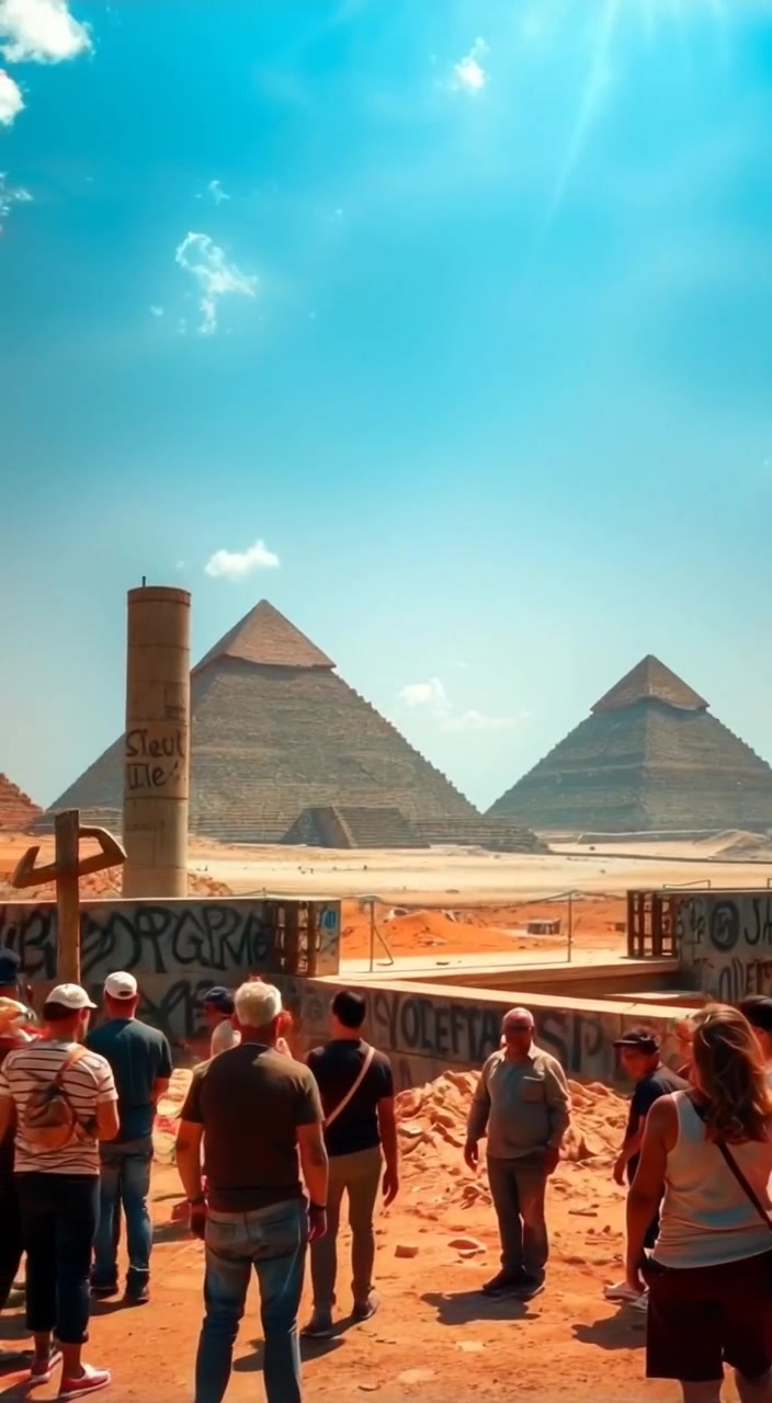 Tourists gather, gazing up at the majestic pyramids under a bright, clear sky, as a gentle breeze rustles.