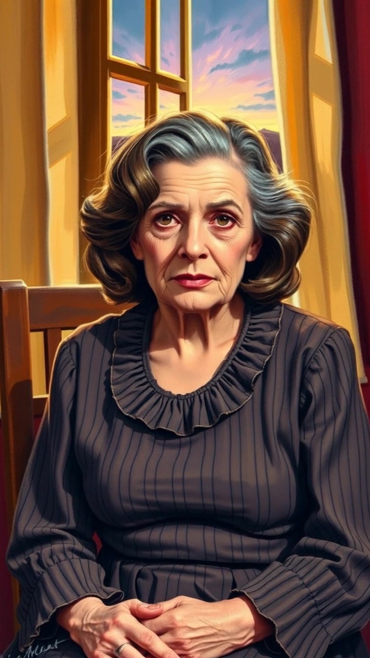 Subject: An old woman sitting on a wooden chair by a window. Scene: Twilight filtering through the window, casting soft shadows across the room. Lighting: The warm hues of dusk illuminate her hazel eyes, highlighting the reflection of the sky. Motion: The camera gently pushes in, capturing the serene expression on her face as the twilight deepens, with a subtle focus on the mesmerizing colors in her eyes.