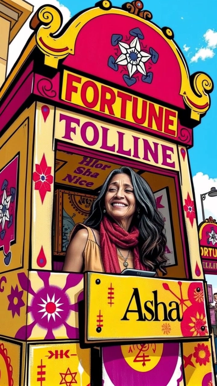 Subject: A mysterious fortune teller with flowing robes, adorned with intricate jewelry and a captivating gaze. Subject movement: Stillness. Scene: A quaint, whimsical fortune teller booth decorated with colorful fabrics, nestled under the bright blue skies of a sunny day. Camera language: Slow dolly in towards the fortune teller, emphasizing their enigmatic presence. Lighting: Warm, golden-hour light casting a magical glow on the scene. Atmosphere: Mystical and inviting, evoking a sense of wonder and curiosity.