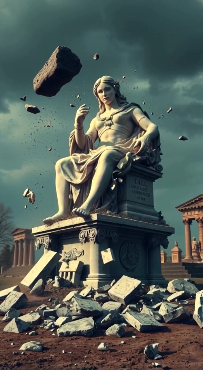 A large ancient statue shattered into pieces, with dust and debris scattered on the ground.