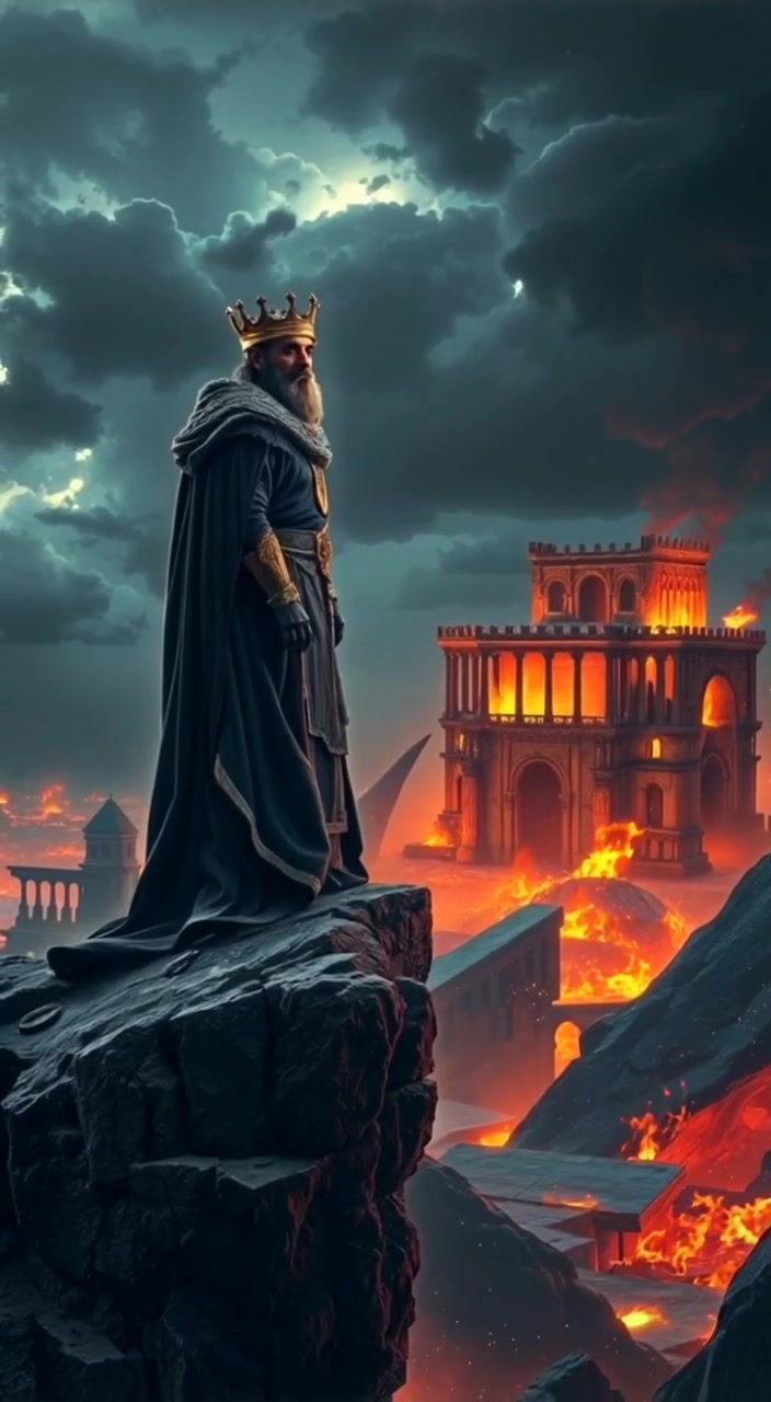 The Ancient King stands on a rocky cliff, overlooking a vast, crumbling landscape of fallen kingdoms.