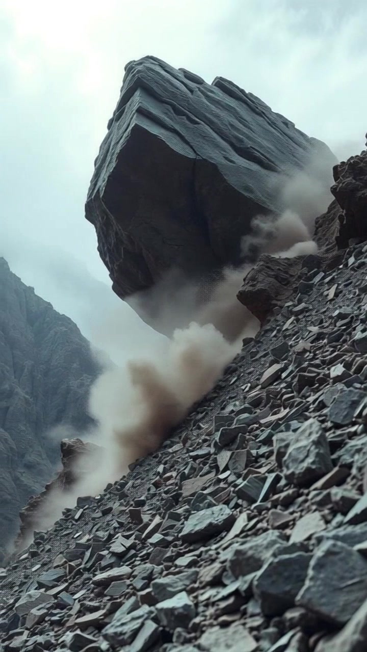 A large rock tumbling down a rocky mountain slope, dust and debris scattering around.
