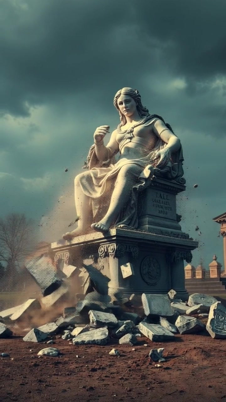 A large ancient statue shattered into pieces, with dust and debris scattered on the ground.