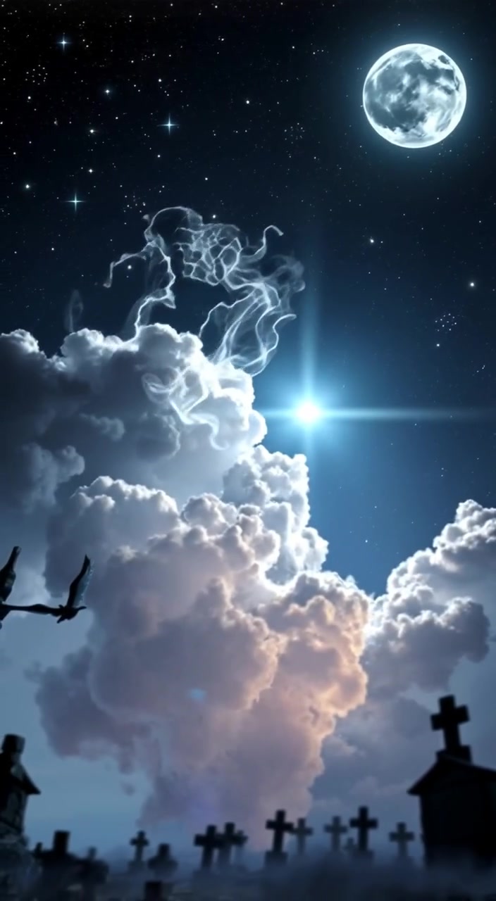 A mystical landscape with swirling clouds and bright constellations in the night sky.