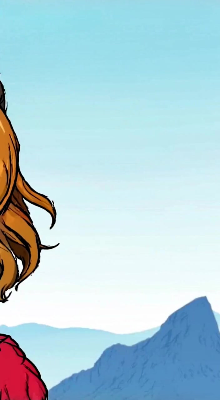 The woman gazes confidently over the horizon, gentle mountain winds tousling her hair under a bright blue sky.